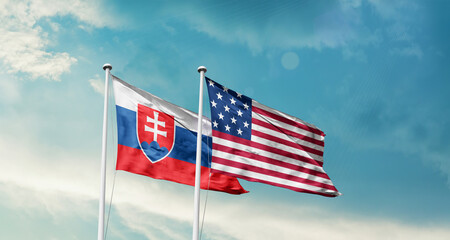 Slovakia and America friendship flags are waving in the sky.Two country flag for agreement or deal. Slovakia USA national flag for commitment.