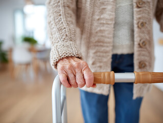 Elderly person uses walker for rehabilitation support at retirement home, showing care and comfort in cozy environment