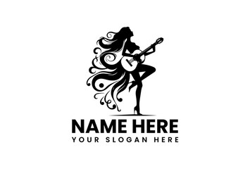Musical performance vector logo featuring woman playing acoustic guitar with dynamic hair  