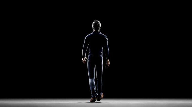 Professional businessman walking away from camera against sleek black background, showcasing corporate journey with confident stride, providing clean visual for compositing or design projects