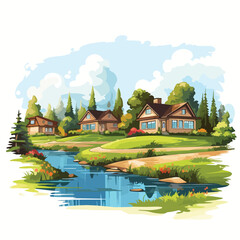 Modern Residential Houses on Beautiful Natural Landscape Vector Illustration