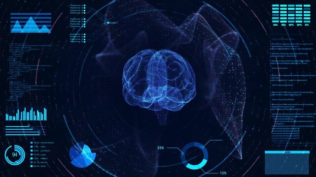 Abstract technology Digital Mind. Brain Artificial Intelligence Concept ui human medical hud interface hologram elements data chart, DNA,Fingerprint, vitality innovation hi tech future background. - Powered by Adobe