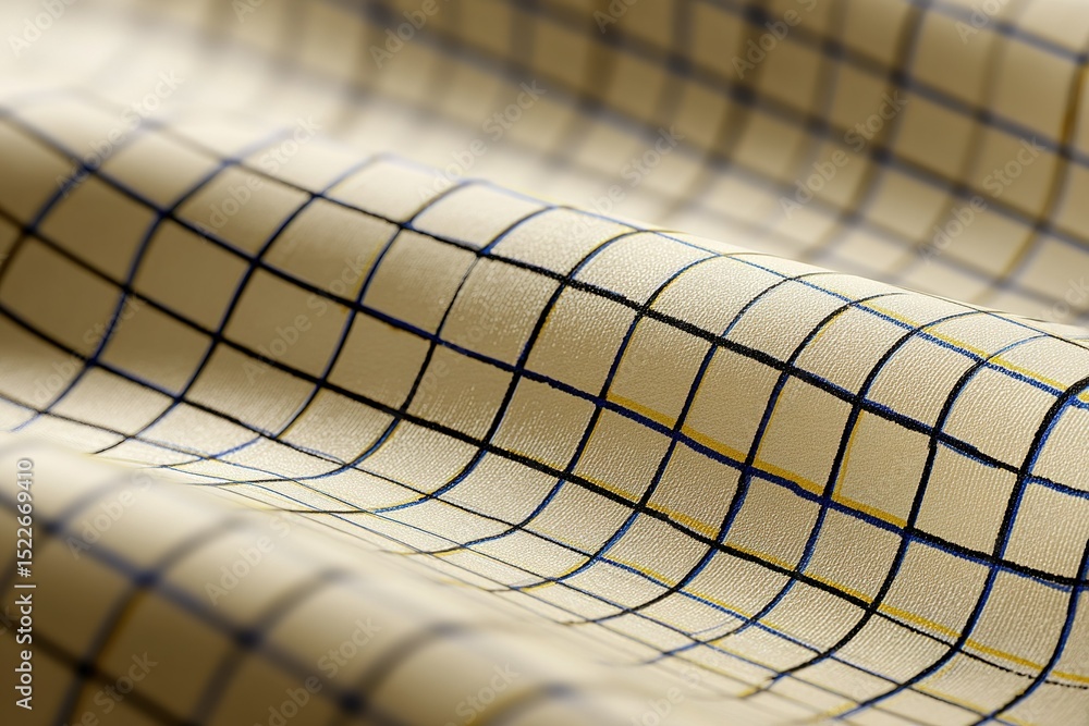 Poster beautifully woven fabric with a subtle grid pattern in soft neutral tones displayed across a flat su