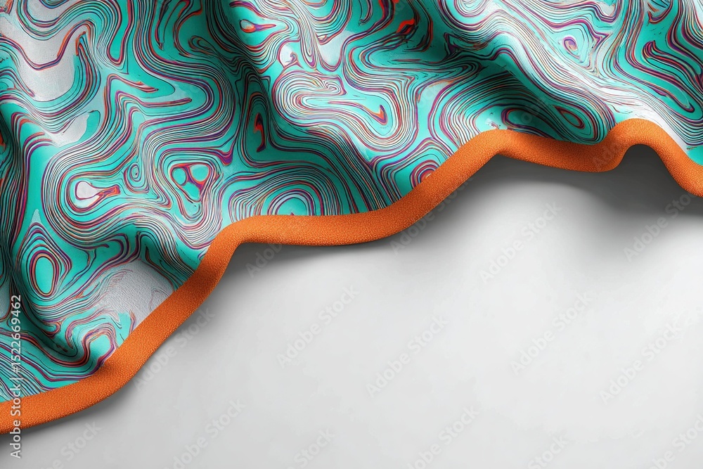 Poster vibrant fabric with abstract swirl patterns lying on a smooth surface in a well-lit setting