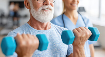 Elderly man lifting dumbbells with nurse support in rehabilitation center promoting health and active lifestyle during retirement home stay