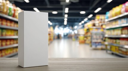 Obraz premium Ultra quality image of white blank cereal box mockup in a grocery aisle, emphasizing real-world context for product branding displays.