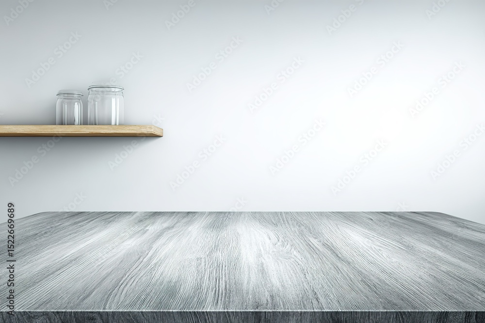 Poster elegant wooden table and minimalist shelf create a serene atmosphere in a bright interior setting
