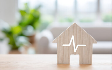 Wooden house model with heartbeat symbol represents rehabilitation and retirement care in home setting filled with calm and comfort