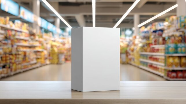 Ultra quality image of white blank cereal box mockup in a grocery aisle, emphasizing real-world context for product branding displays.