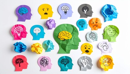 Mental health image. Various emotion and mind. Waste paper and head silhouette