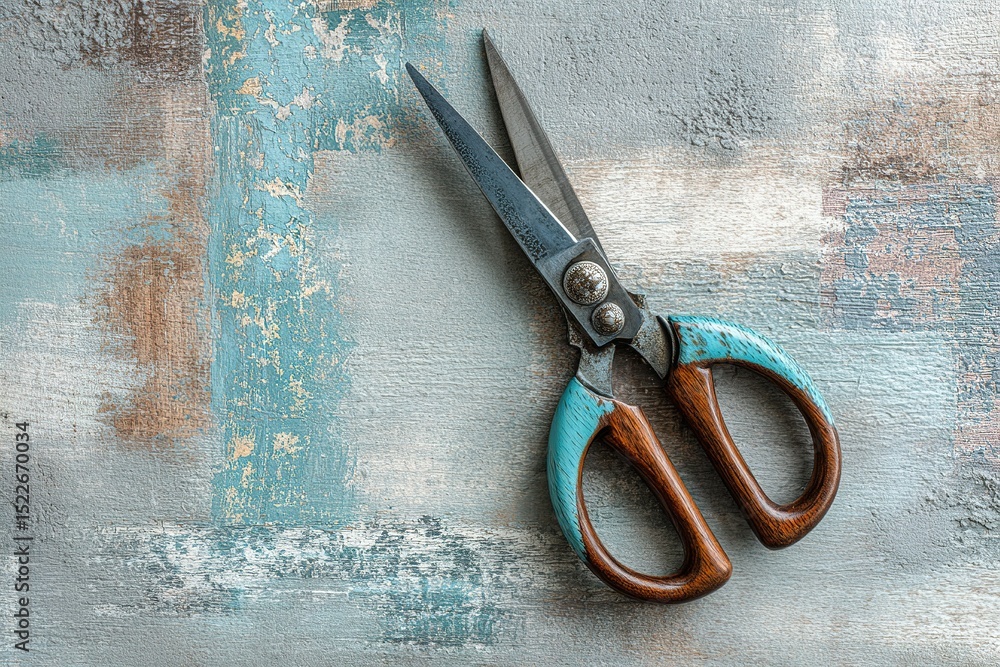 Poster vintage scissors on a textured surface showcasing distinct colors and rustic design elements in a ho