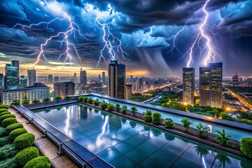 Dramatic cityscape with lightning storm over skyscrapers and rooftop pool