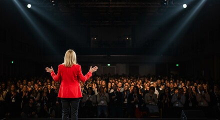 Woman giving presentation on stage to audience at conference, with spotlight