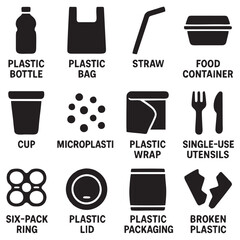 Plastic Waste Icons – Solid Black Vector Set