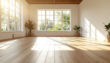 Bright, spacious room with light wood floors, large windows, and greenery, filled with sunlight
