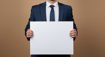 Professional man holds blank sign, offering space for marketing message usage