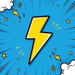 comic lightning bolt icon with starburst effect and doodle sparks on vibrant blue