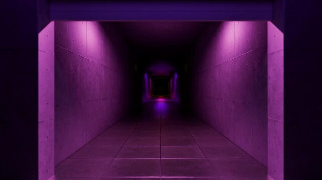 Mysterious corridor bathed in striking purple and orange illumination, creating dramatic interplay of shadows and light while revealing shadowy architectural passage with intense visual tension