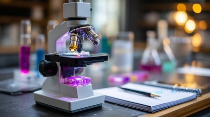 Laboratory setup with microscope and colorful solutions in glassware at a research facility