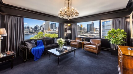Luxurious city view living room with dark furnishings.