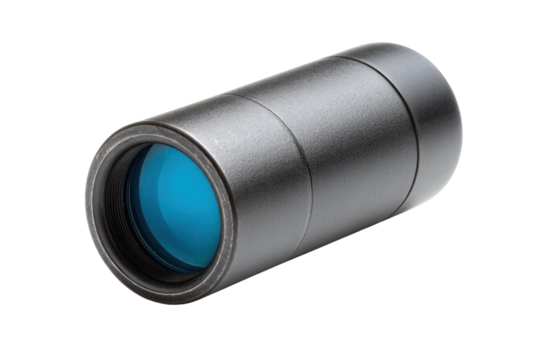 Compact black monocular with blue lens on white background, cut out