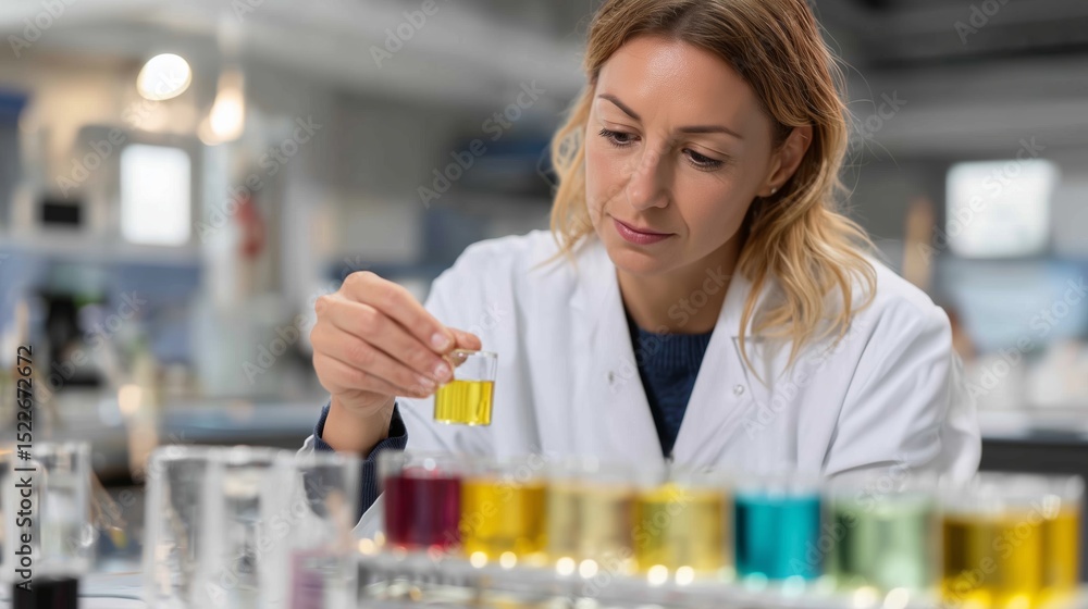Poster scientist conducts experiment with colorful solutions in a laboratory setting during the day