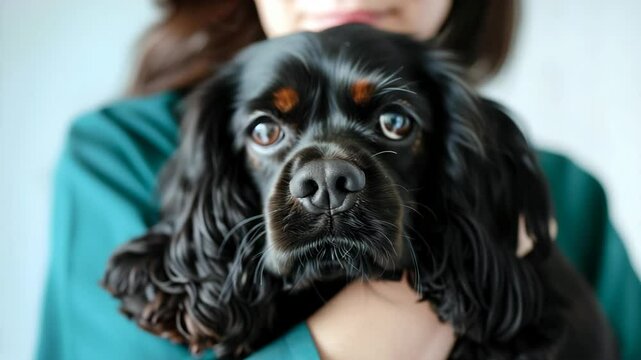 Veterinarian with a black spaniel dog. Veterinary care and animal health services