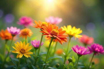 Fototapeta premium A vibrant cluster of wildflowers bursting with color, swaying gently in a summer breeze Nature's beauty captured in a delightful bunch, perfect for spring or summer themes , vibrant, flowers