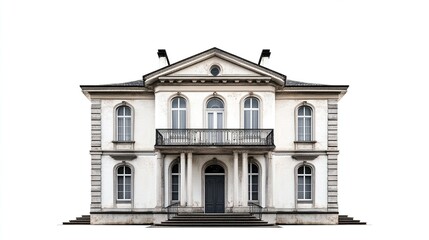 Fototapeta premium A grand, two-story neoclassical mansion, rendered in off-white stucco with a dark grey door, features a central balcony supported by pillars, symmetrical 