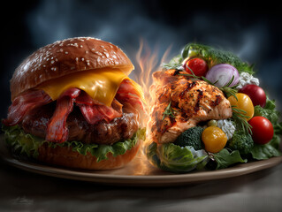 A comical illustration depicting a fierce rivalry: a juicy, cheesy burger with bacon facing off against a vibrant, healthy plate of fruits, vegetables, and grilled chicken—each vying for dominance in 