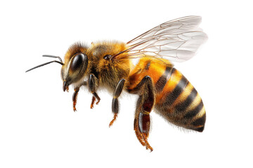 Detailed close-up of a honeybee with translucent wings and striped body, cut out
