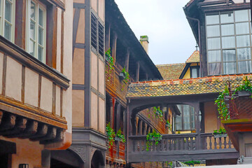 Balcony on inner yard with traditional half-timbered house, Strasbourg, France