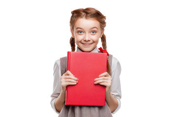 Caucasian young girl smiling and holding red book isolated on white background, cut out