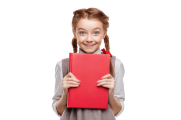 Caucasian young girl smiling and holding red book isolated on white background, cut out