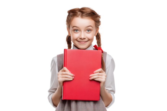 Caucasian young girl smiling and holding red book isolated on white background, cut out