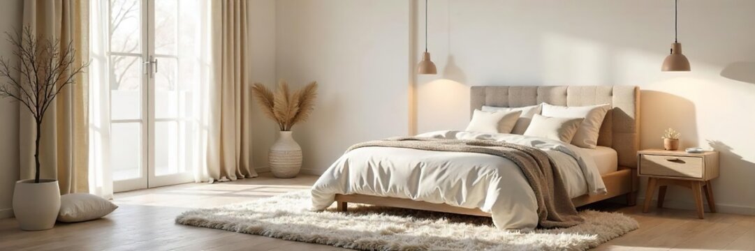 Serene bedroom with minimalist decor, featuring a plush rug, soft textiles, and calming neutral tones Perfect for relaxation and peaceful sleep , minimal, beige