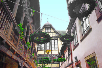 Inner yard with traditional half-timbered house decorated due to Christmas, Strasbourg, France