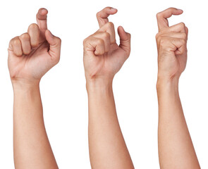 Male asian hand gestures isolated over the white background. pull trigger.