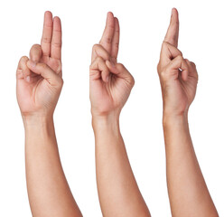 Male asian hand gestures isolated over the white background. pull trigger.