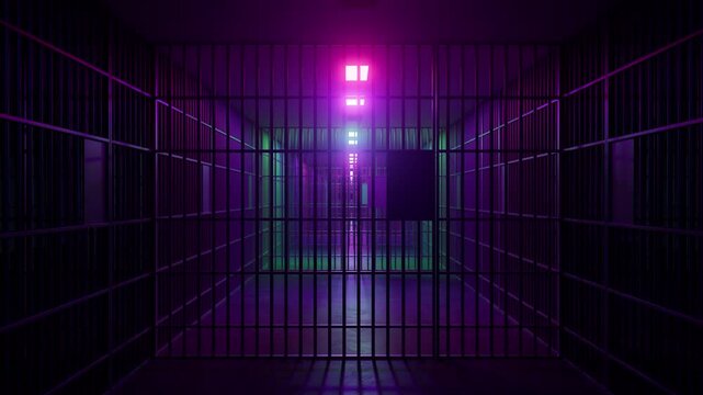 Dark prison corridor illuminating with shifting neon colors, casting moody purple, pink, green hues through metal bars in seamless looping digital animation