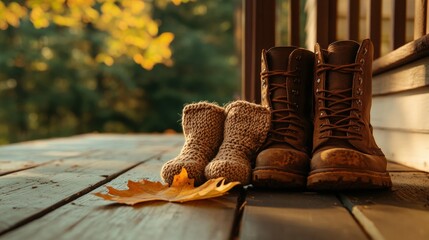 Hand-knit baby booties beside worn work boots on farmhouse porch  
