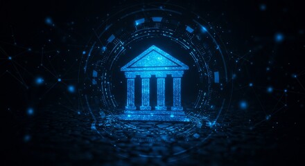 Bank icon with digital network representing financial technology concept