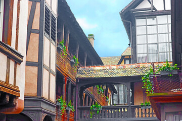 Inner yard with traditional half-timbered house, Strasbourg, France