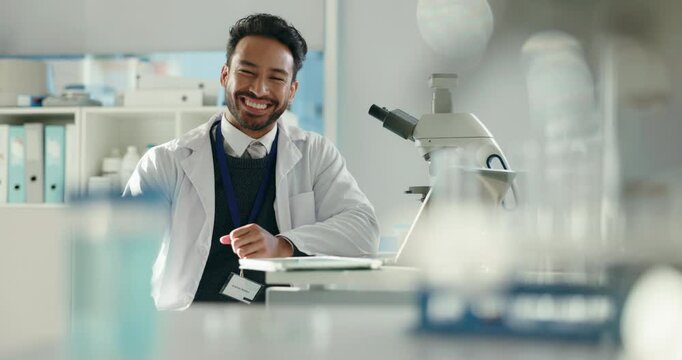 Face, scientist and man with smile, lab and confident for breakthrough of healthcare and innovation. Happy, medical professional and person with pride for science, pharmaceutical and treatment in USA