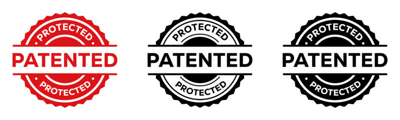 Patented Protected Stamp Icon Set in Red Black and Outline Style for Product and Business Use