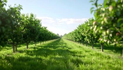 Obraz premium Verdant apple grove extending horizon wide, ripe fruit laden branches arching beneath cloudless azure summer skies