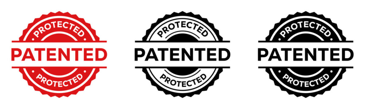 Patented Protected Stamp Icon Set in Red Black and Outline Style for Product and Business Use