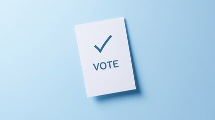 Voting Card with Check Mark: A minimalistic shot captures a single voting card with a check mark, set against a serene, light blue backdrop, representing the act of voting and participation.