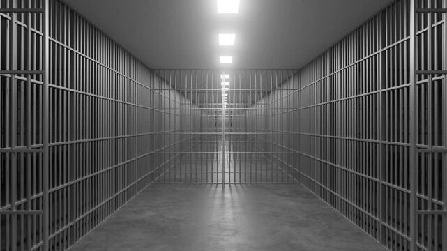 Metal bars of a jail cell slide open, revealing a long, empty corridor with more cell doors and dim lighting, creating a sense of confinement and isolation