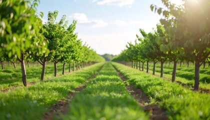 Rows of vibrant cherry trees bask in the warm glow of natural sunlight, creating a picturesque scene of agricultural abundance